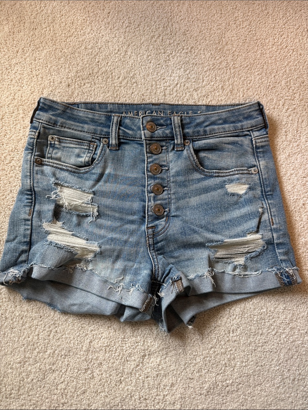 American Eagle Outfitters Distressed High-Rise Jean Shorts - Light Blue